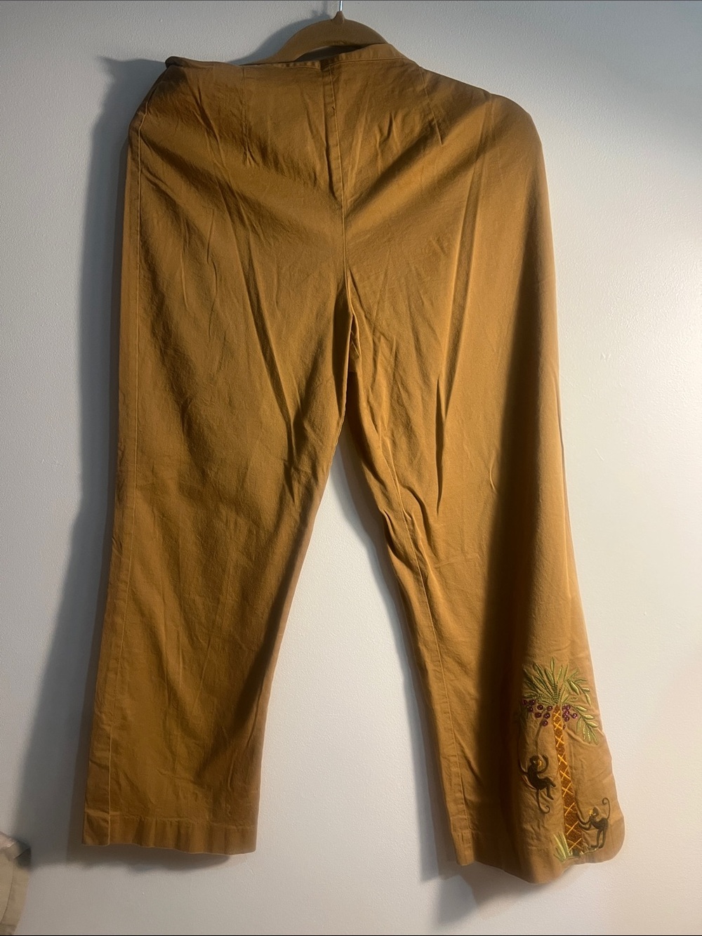Wide Leg Women's Pants with Embroidered Palm Accent - Mustard